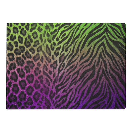 Neon Green & Purple Leopard & Zebra Print Glass Cutting & Charcuterie Board