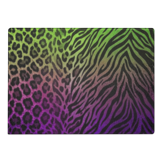 Neon Green & Purple Leopard & Zebra Print Glass Cutting & Charcuterie Board