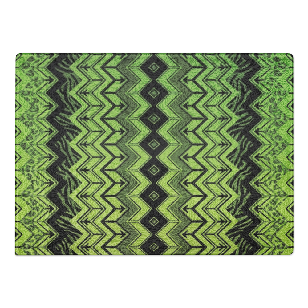 Lime Green Zebra & Leopard Print Special Edition Chevron Pattern Glass Cutting & Charcuterie Board